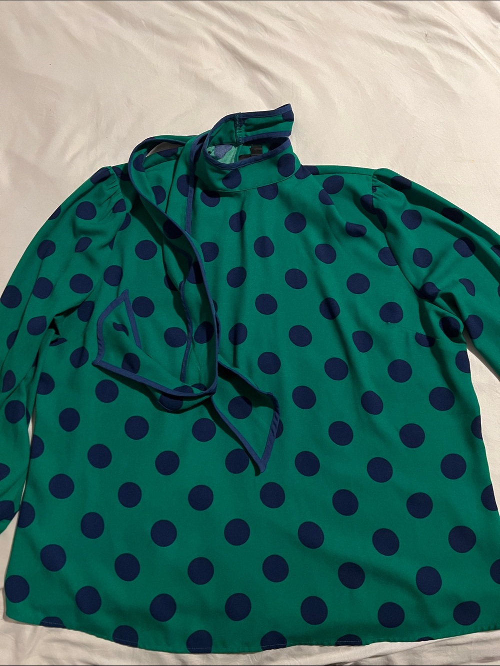 New York & Company Green Blouse with Navy Polka Dots and Tie Neck